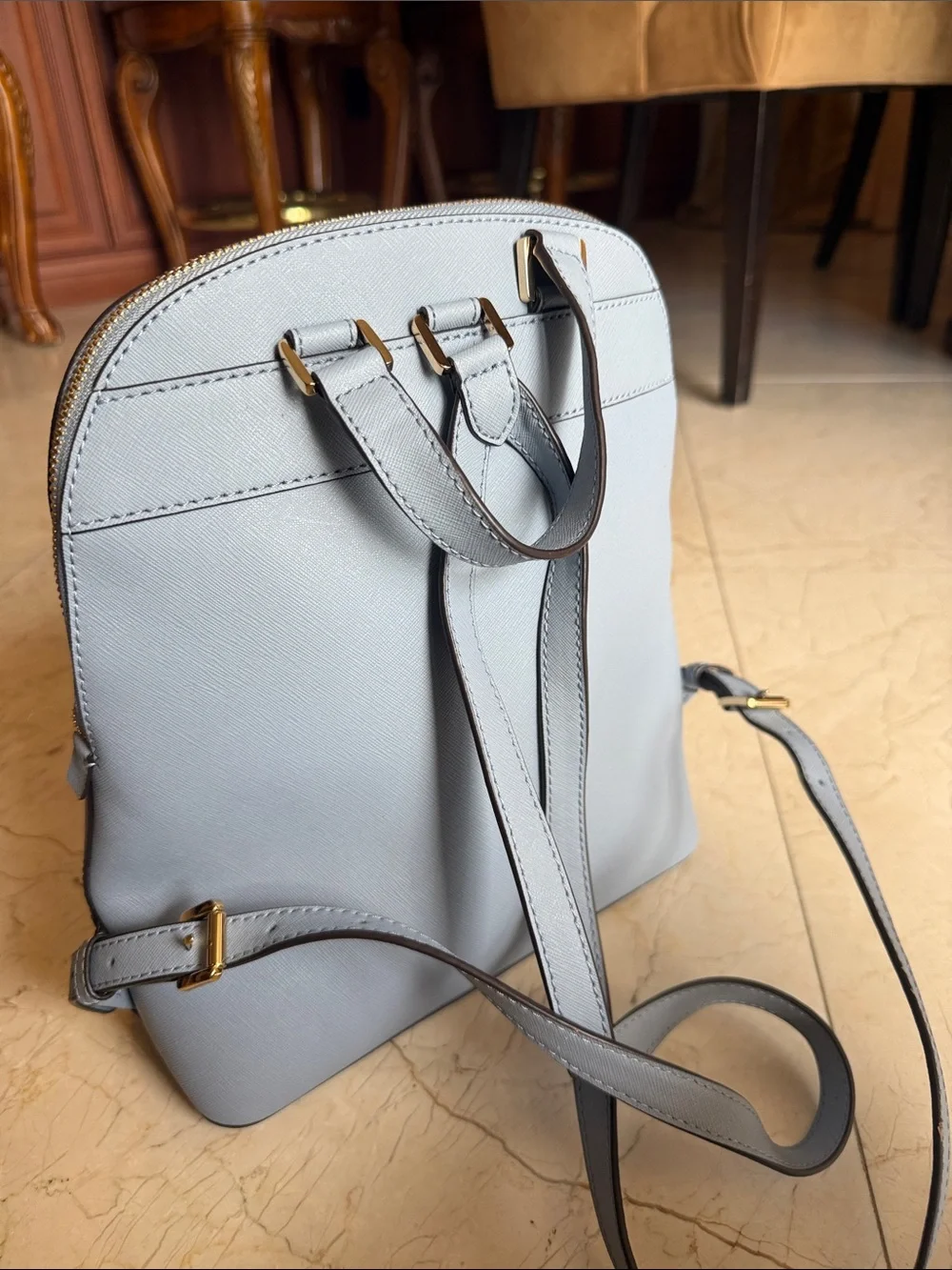 Michael Kors Pale Blue Saffiano Leather Backpack with Gold Hardware